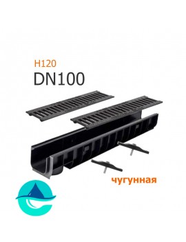Лоток пластиковый DN100 H120 с решеткой чугунной щелевой и крепежом (комплект)